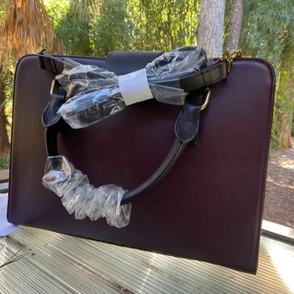 J. Crew Edie Colorblock Attaché leather handbag/ shoulder bag, merlot and black - Picture 6 of 11